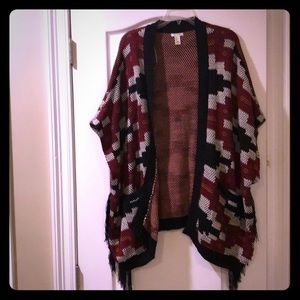 Red, black , white vest/shawl w/pockets&fringe